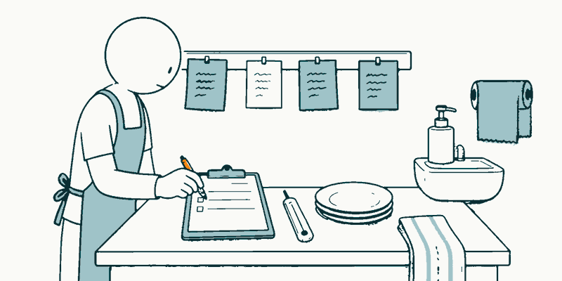 Drawing of a person in an apron ticking off a checklist on a clipboard in a kitchen.