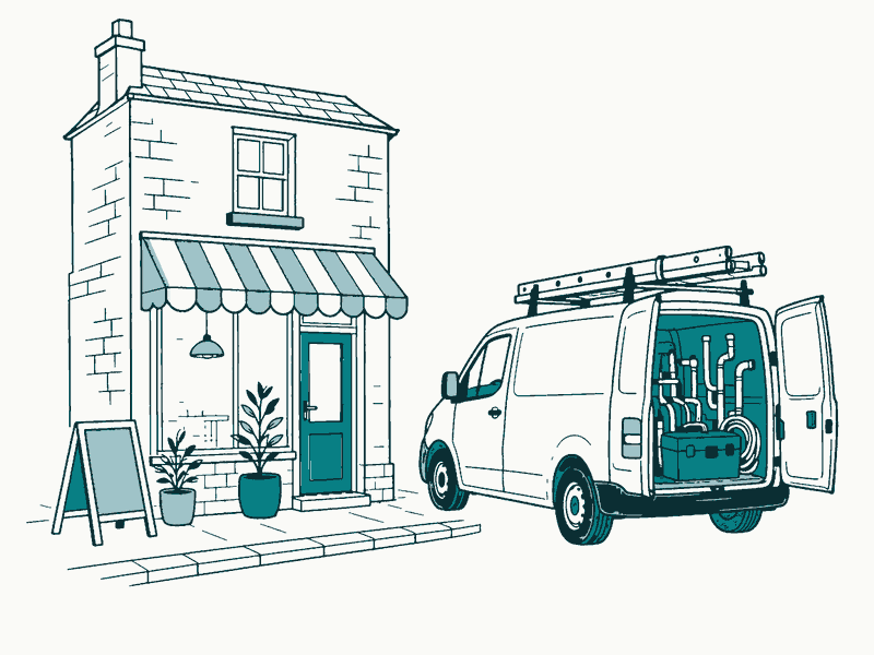 Drawing of a small café with a plumber's van parked outside, its back doors open.